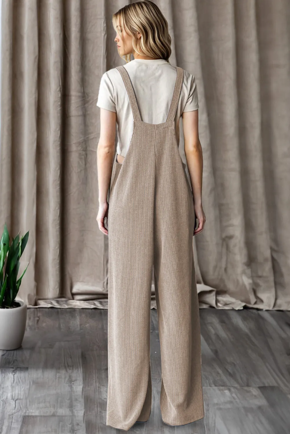 Ribbed Knit Patched Pocket Wide Leg Dungarees Overalls sold by eAura product image thumbnail 3