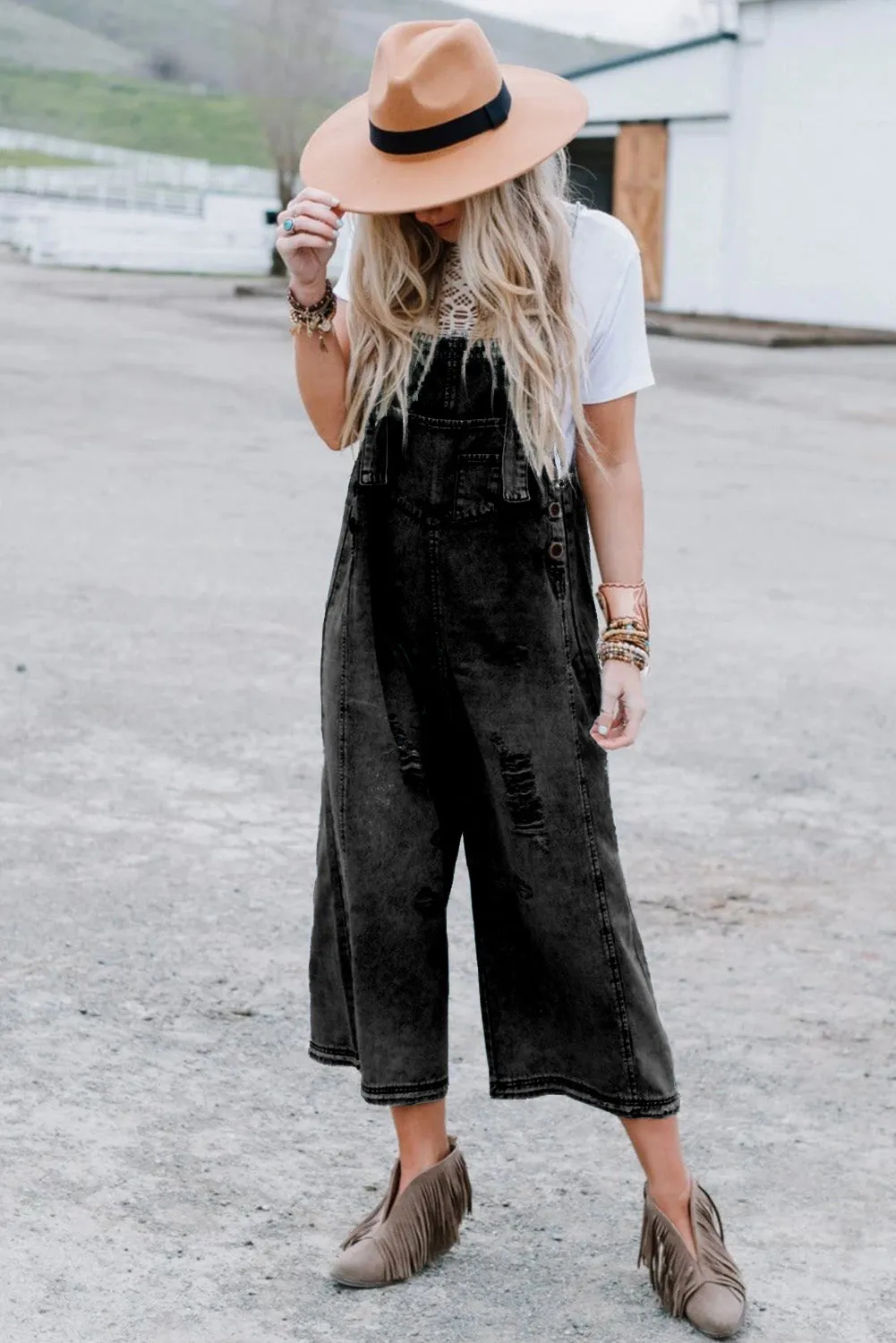 Black Distressed Wide Leg Denim Dungarees sold by eAura product image thumbnail 5