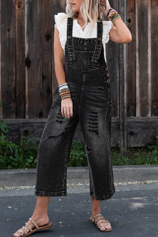 Black Distressed Wide Leg Denim Dungarees sold by eAura