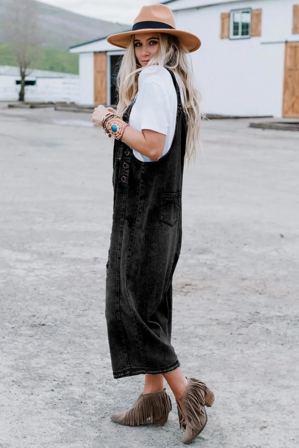 Black Distressed Wide Leg Denim Dungarees sold by eAura product image thumbnail 3