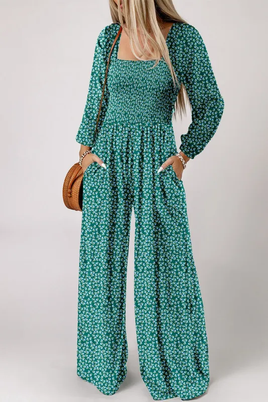 Green Floral Print Shirred Bodice Square Neck Wide Leg Jumpsuit sold by eAura