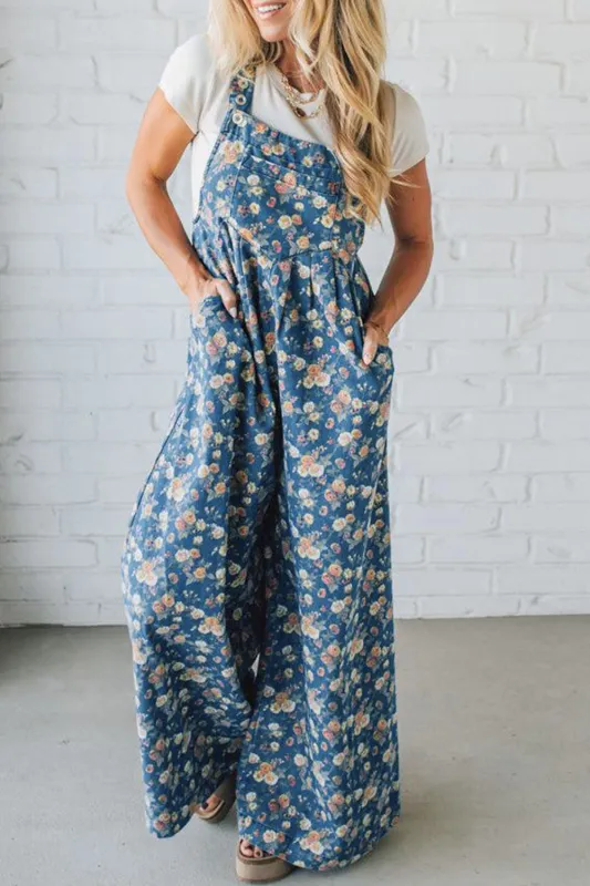 Blue Vintage Rose Printed Pleated Loose Denim Jumpsuit Dungarees sold by eAura