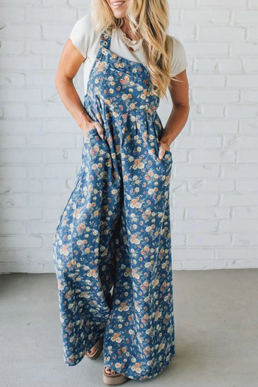 Blue Vintage Rose Printed Pleated Loose Denim Jumpsuit Dungarees sold by eAura