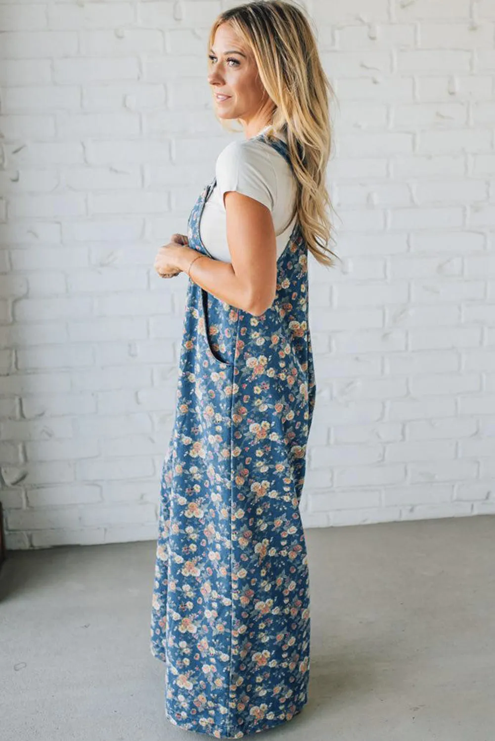Blue Vintage Rose Printed Pleated Loose Denim Jumpsuit Dungarees sold by eAura product image thumbnail 3