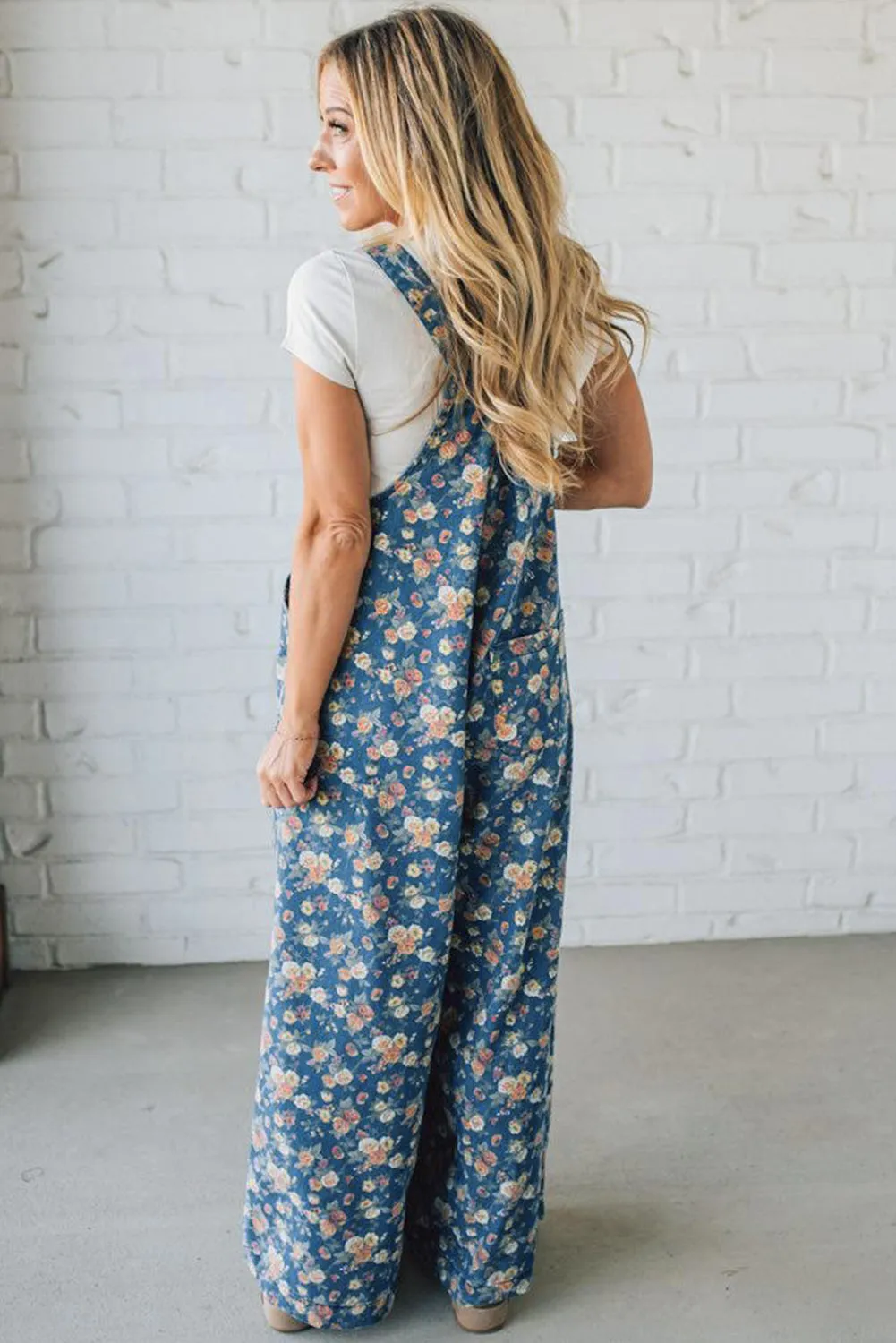 Blue Vintage Rose Printed Pleated Loose Denim Jumpsuit Dungarees sold by eAura product image thumbnail 2