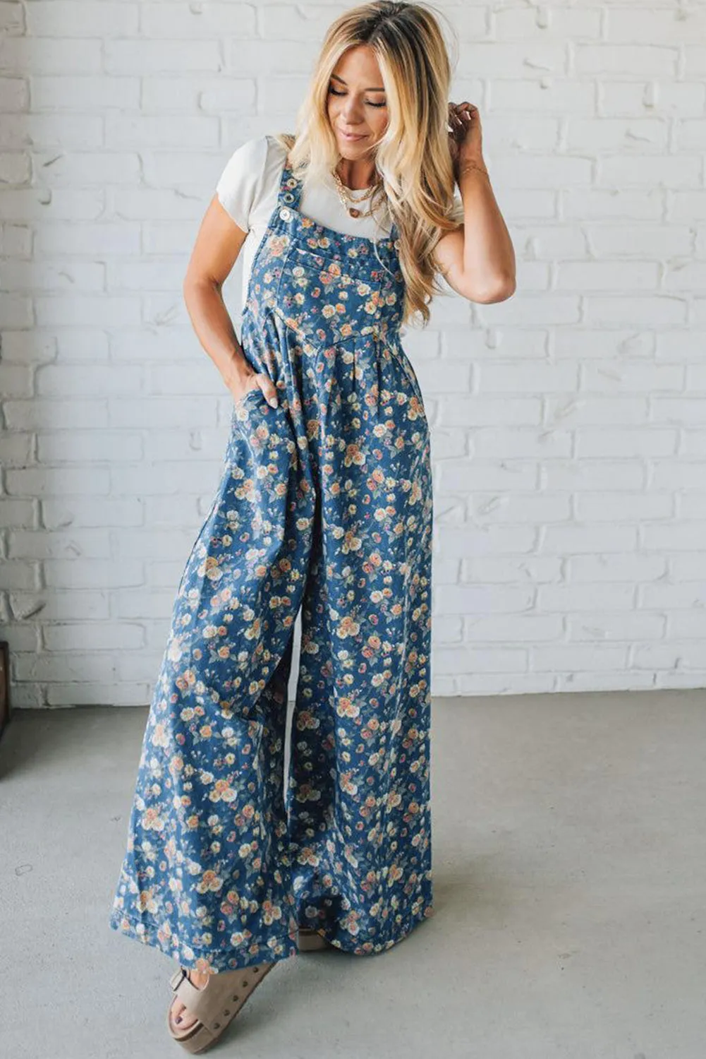 Blue Vintage Rose Printed Pleated Loose Denim Jumpsuit Dungarees sold by eAura product image thumbnail 4