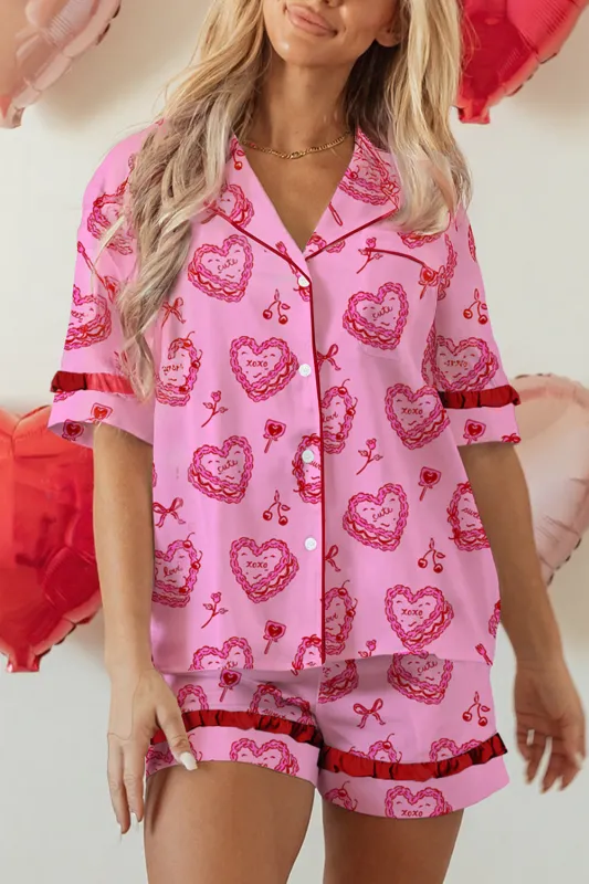 Pink Sweet Heart Cake Print Ruffle Trim Pyjama Set sold by eAura