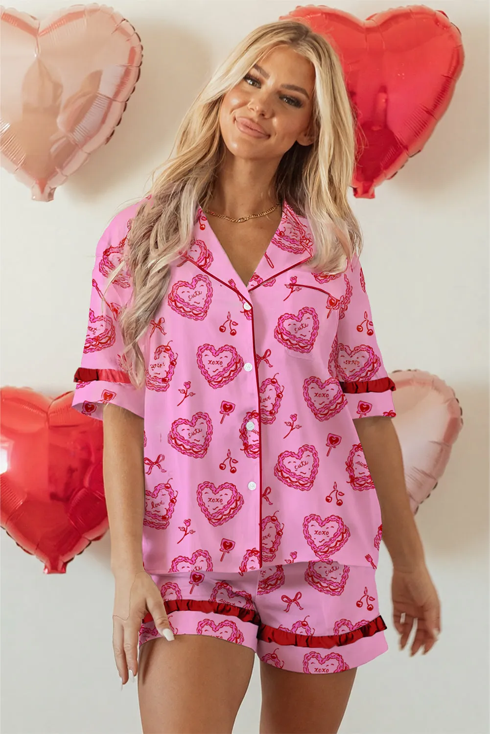 Pink Sweet Heart Cake Print Ruffle Trim Pyjama Set sold by eAura product image thumbnail 3