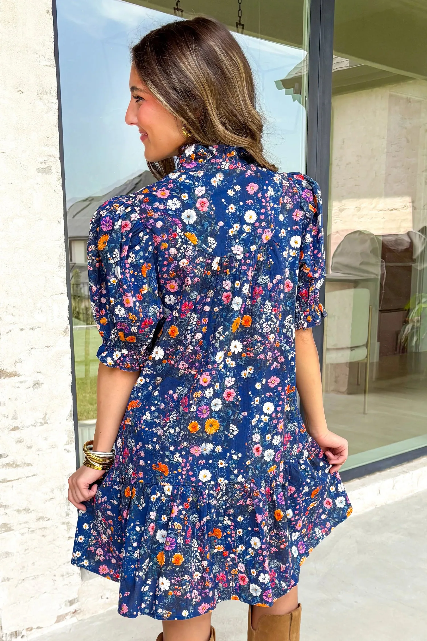 Wild Daisy Floral Split Neck Short Puff Sleeve Mini Dress sold by eAura product image thumbnail 3