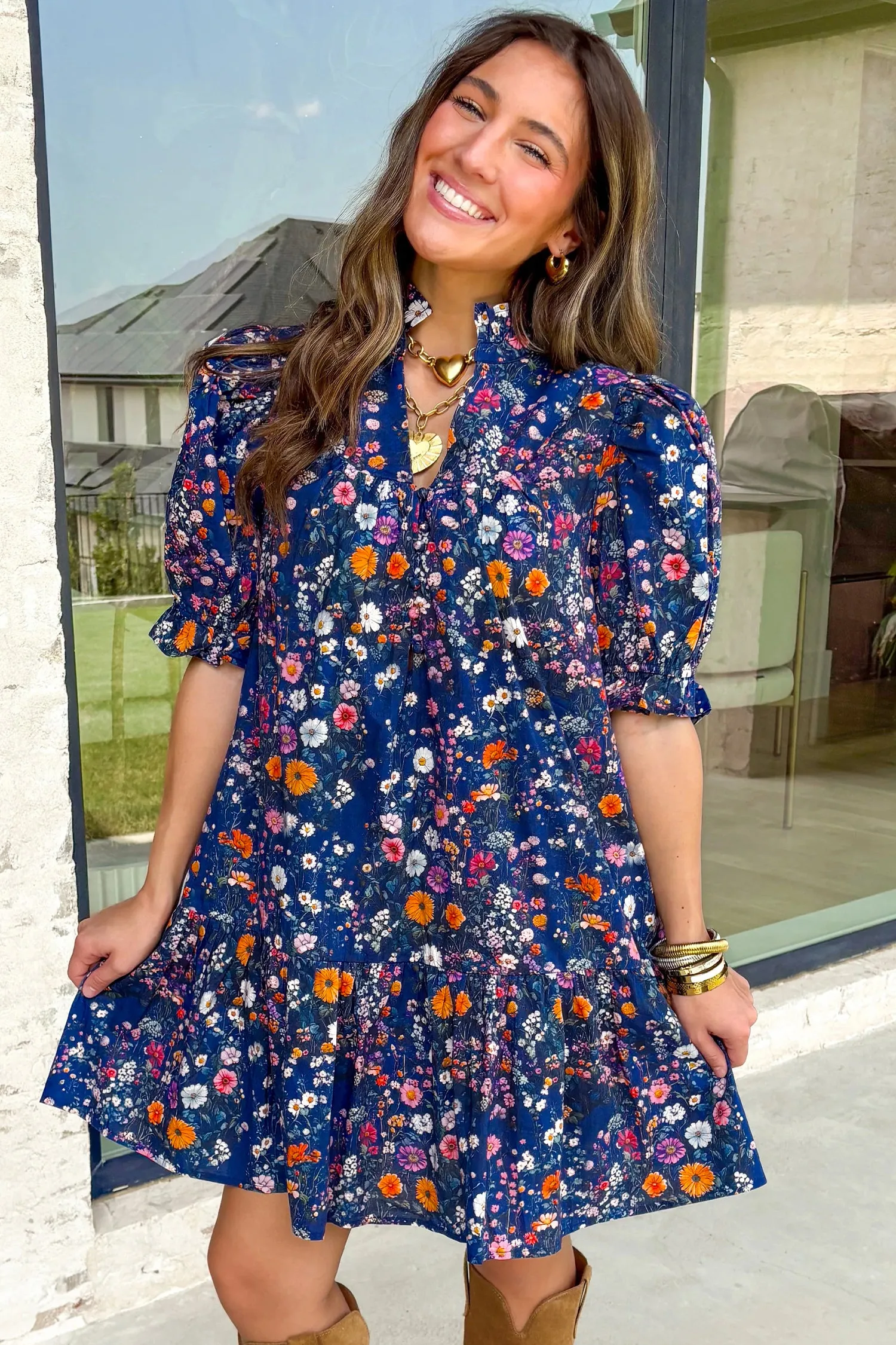 Wild Daisy Floral Split Neck Short Puff Sleeve Mini Dress sold by eAura product image thumbnail 5