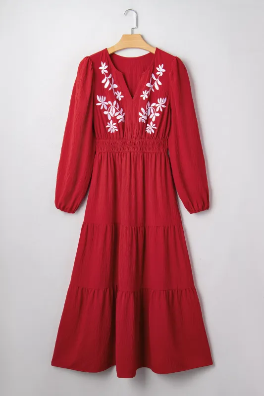 Contrast Embroidered Detail Cinched Waist Tiered Long Sleeve Maxi Dress sold by eAura