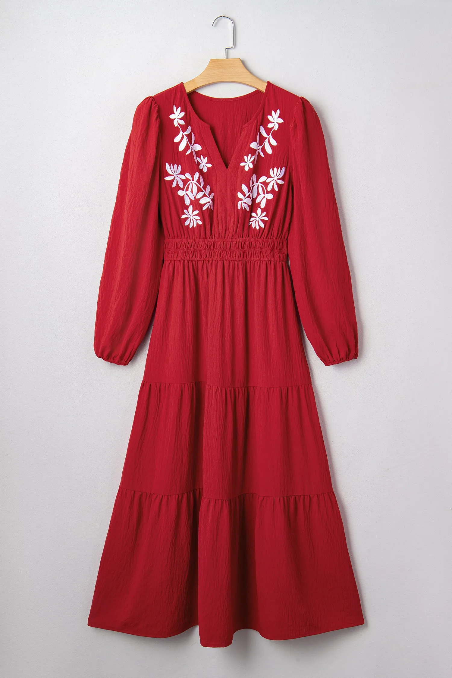 Contrast Embroidered Detail Cinched Waist Tiered Long Sleeve Maxi Dress sold by eAura