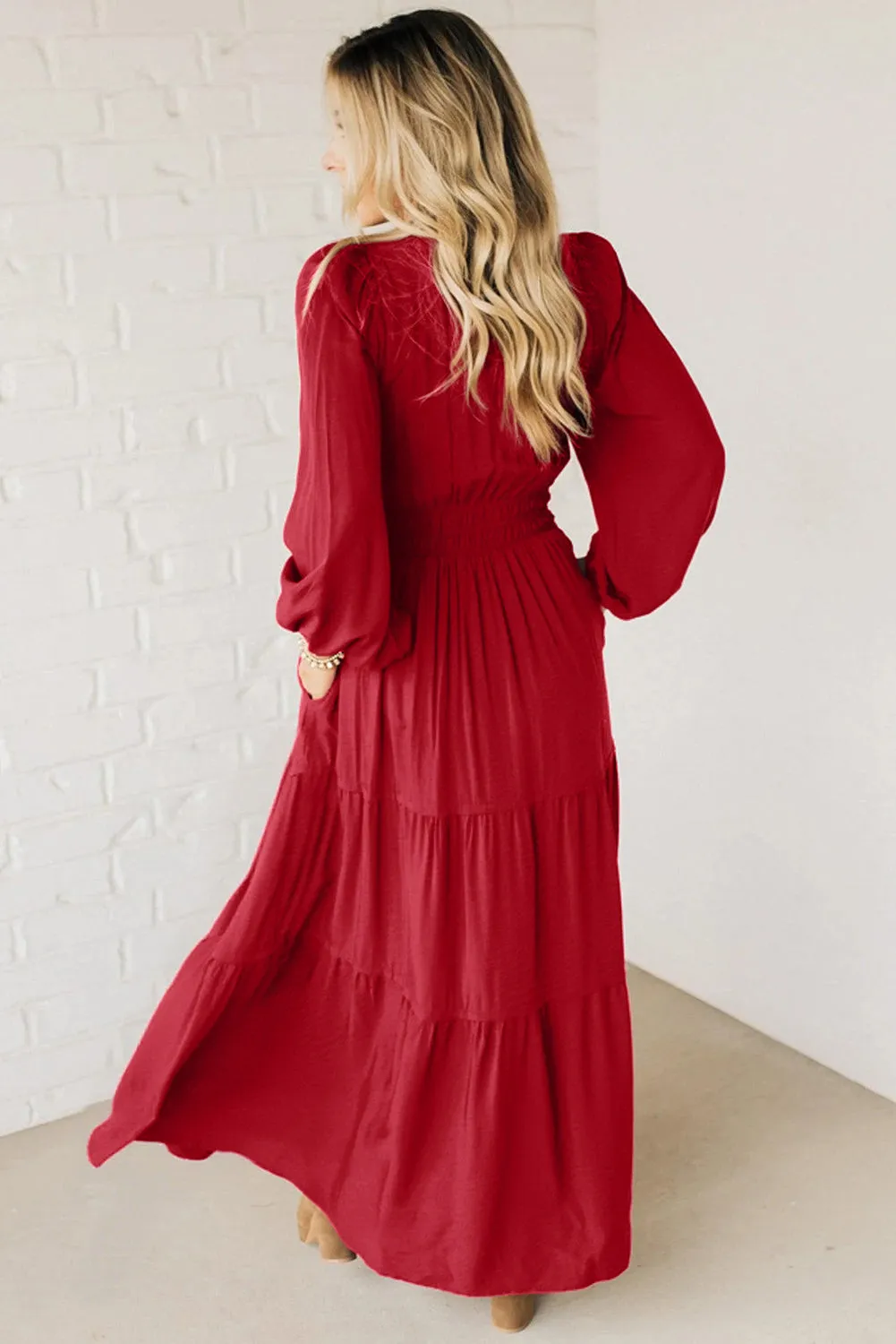 Contrast Embroidered Detail Cinched Waist Tiered Long Sleeve Maxi Dress sold by eAura product image thumbnail 3