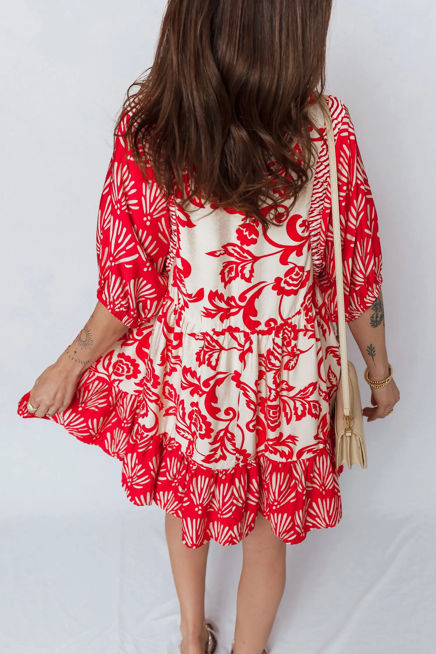 Collared V-Neck Half Sleeve Loose Floral Mini Dress sold by eAura product image thumbnail 3