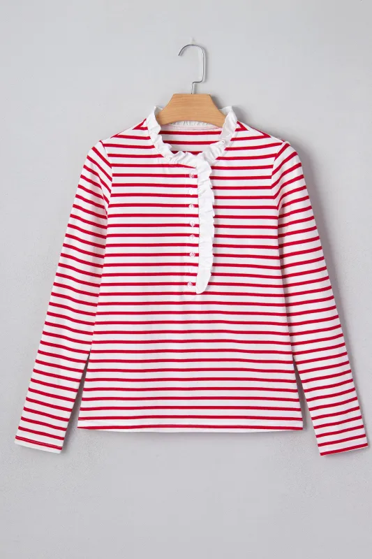 Stripe Contrast Frilled Trim Half Button Long Sleeve Top sold by eAura