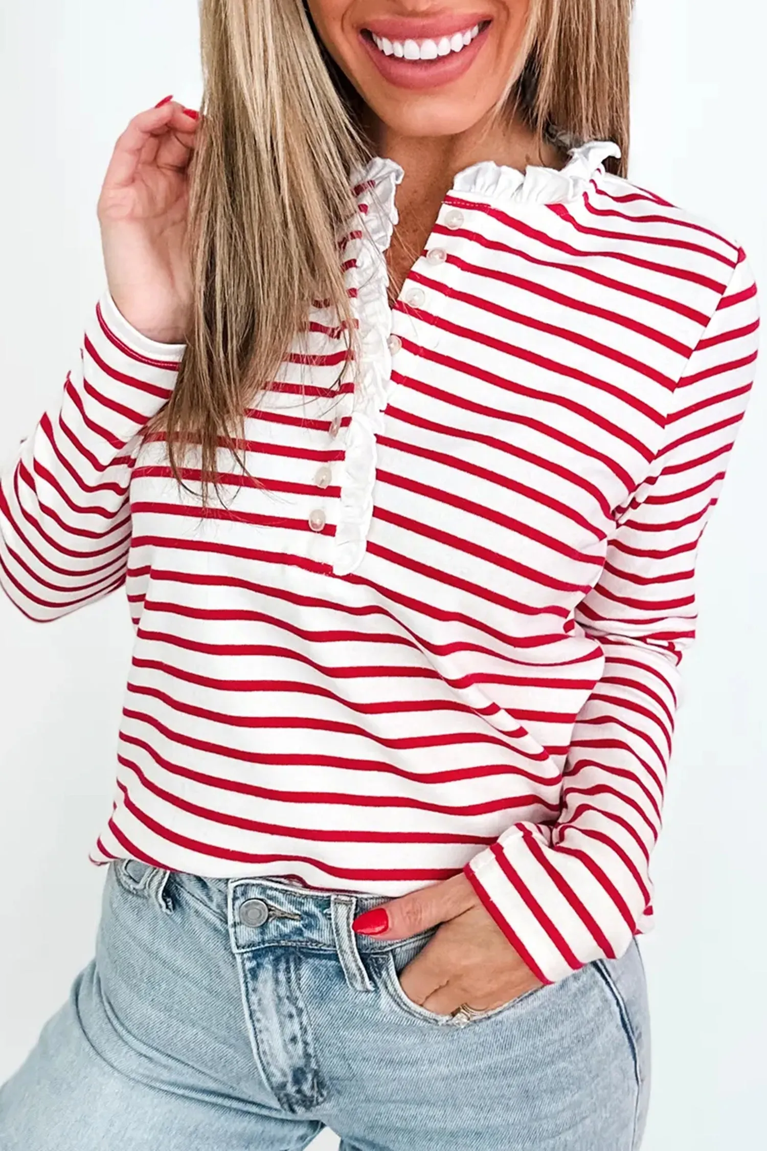 Stripe Contrast Frilled Trim Half Button Long Sleeve Top sold by eAura product image thumbnail 2