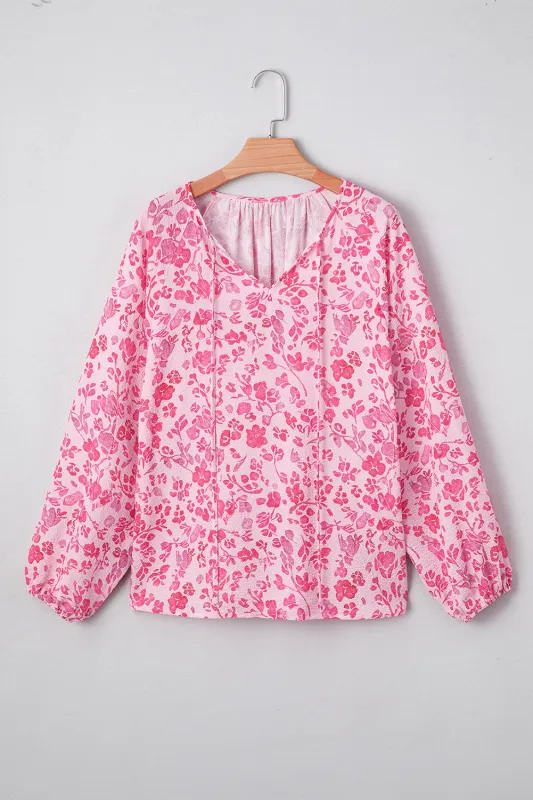 Pink Floral Puff Sleeve Split Neck Blouse sold by eAura
