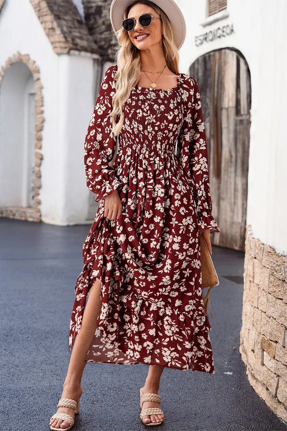 Red Floral Print Long Sleeve Square Neck Smocked Maxi Dress sold by eAura product image thumbnail 5