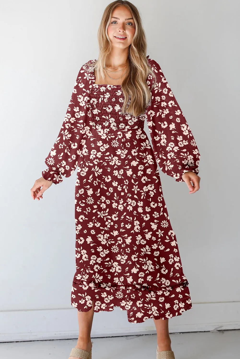 Red Floral Print Long Sleeve Square Neck Smocked Maxi Dress sold by eAura product image thumbnail 4