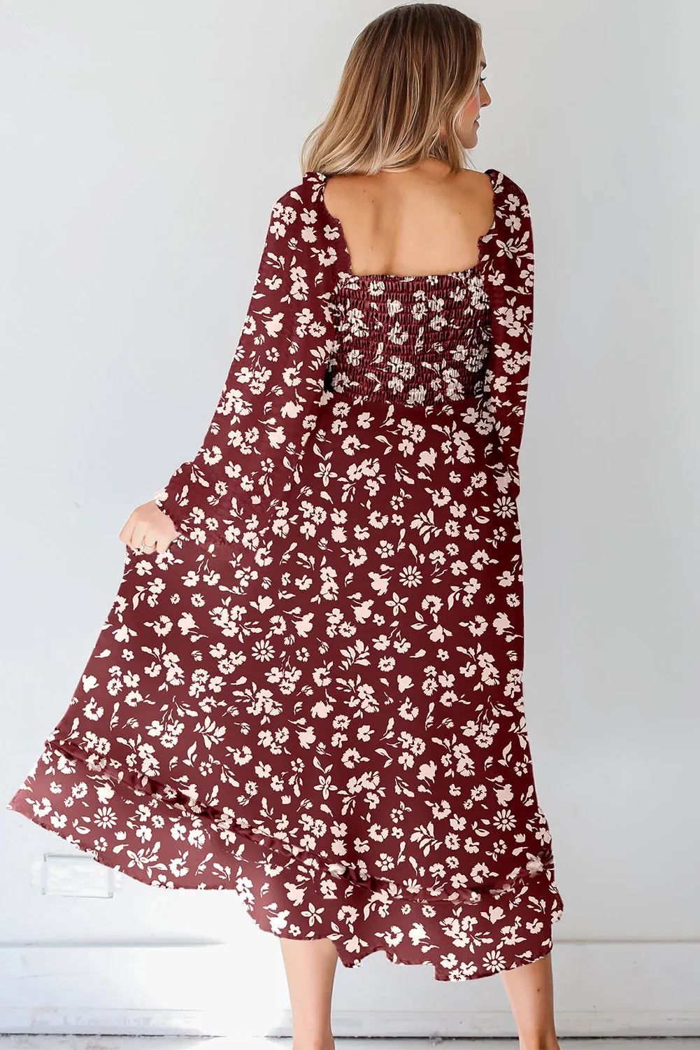 Red Floral Print Long Sleeve Square Neck Smocked Maxi Dress sold by eAura product image thumbnail 3