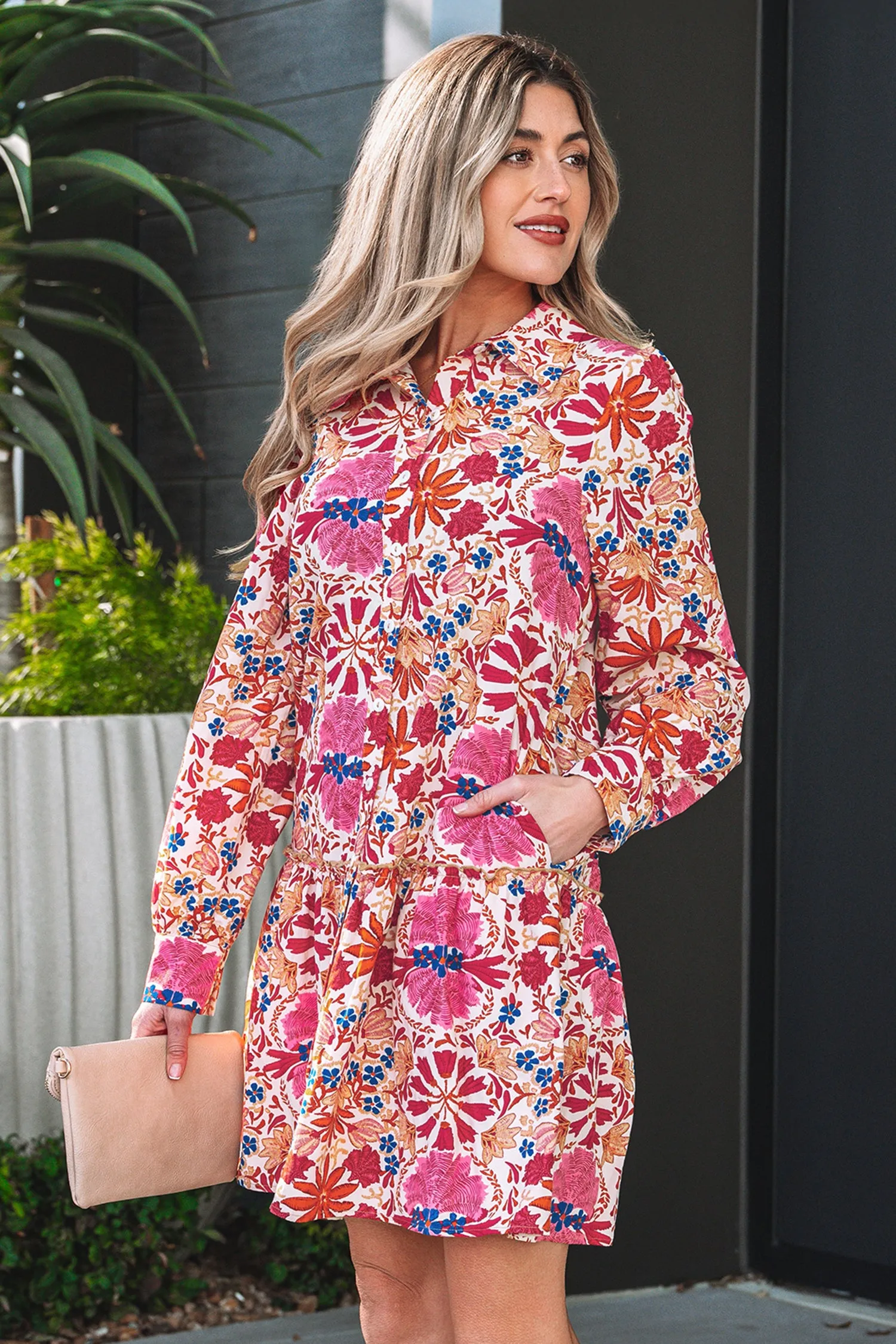 Red Fall Flower Print Long Sleeve Mini Dress sold by eAura product image thumbnail 5