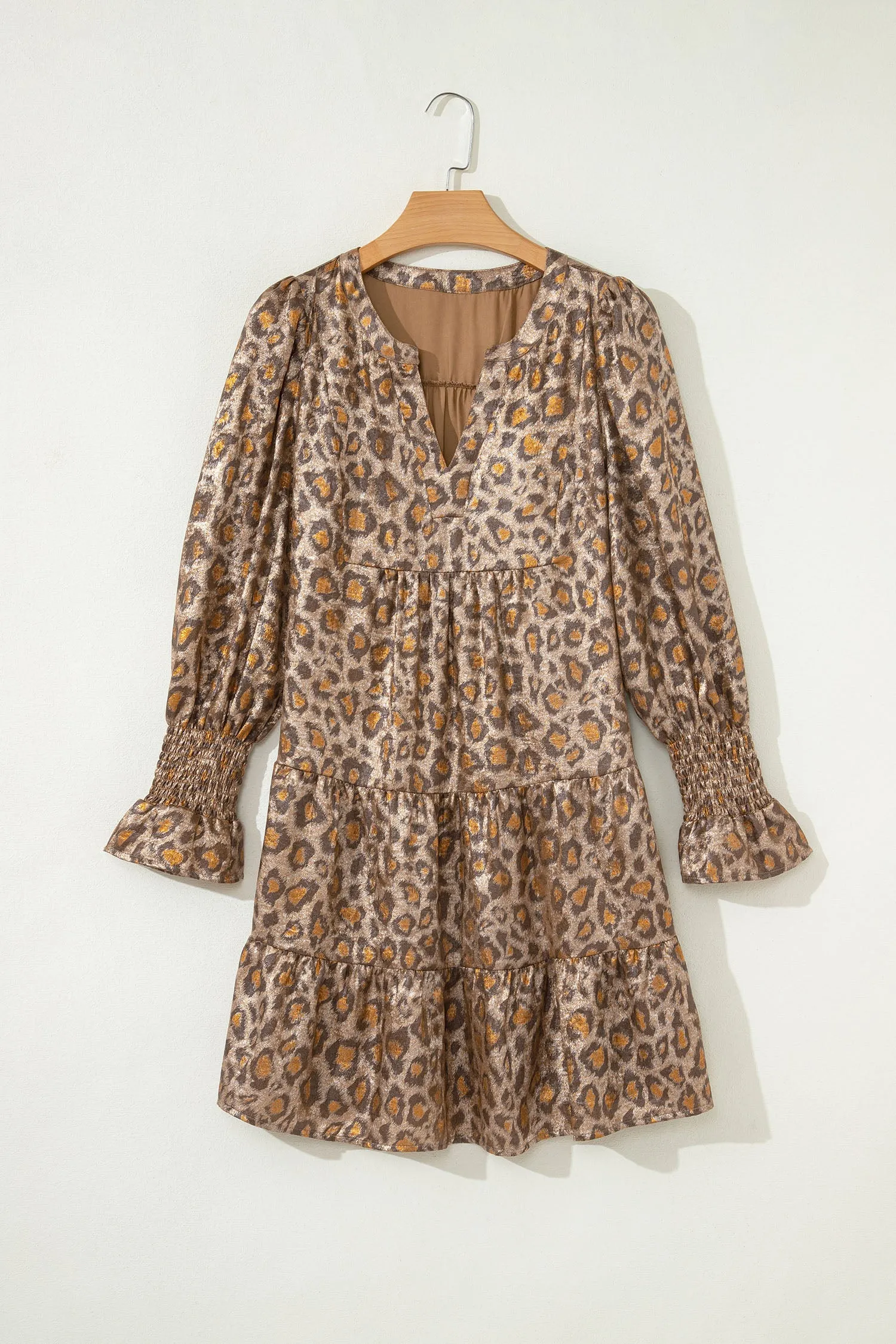 Khaki Leopard Print V-Neck Ruffled Sleeve Tiered Loose Mini Dress sold by eAura