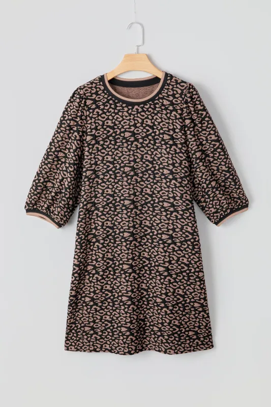 Black Leopard Print Bubble Sleeve Shift Mini Dress made by eAura