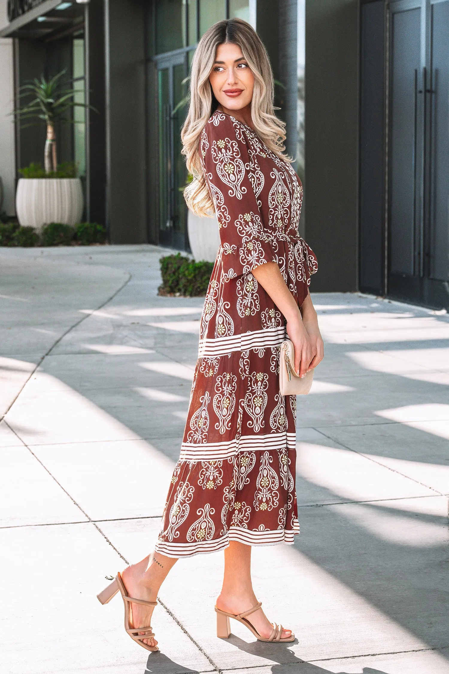 Floral Print Belted Striped Trim Tiered Maxi Dress sold by eAura product image thumbnail 3