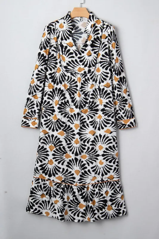 Abstract Floral Print Split V-Neck Long Dress with Sleeves made by eAura
