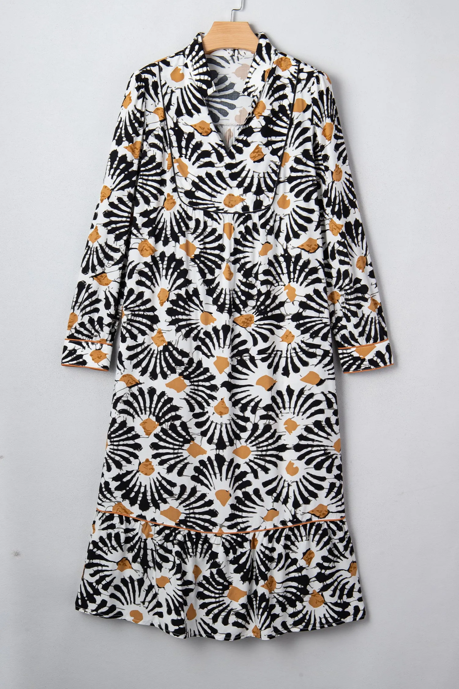 Abstract Floral Print Split V-Neck Long Dress with Sleeves sold by eAura
