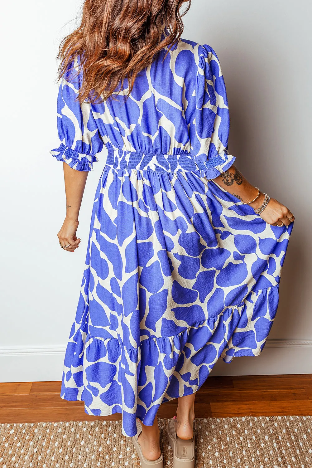 Abstract Print Smocked Waist Puff Half Sleeve Maxi Dress sold by eAura product image thumbnail 2