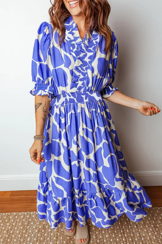 Abstract Print Smocked Waist Puff Half Sleeve Maxi Dress sold by eAura