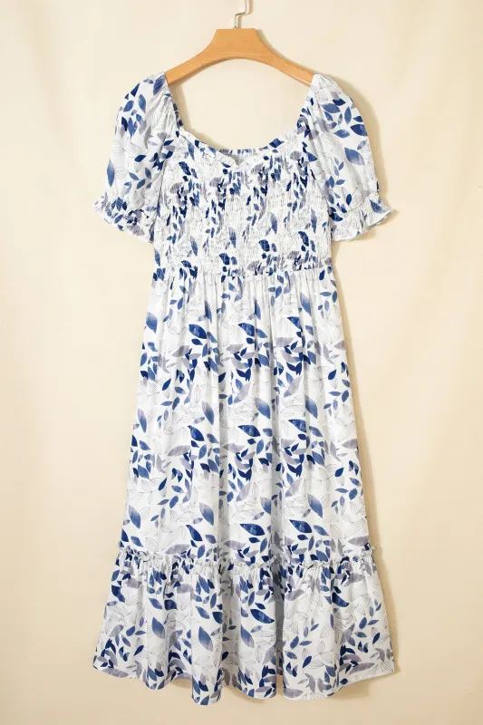 Smocked Bodice Short Puff Sleeve Tiered Floral Midi Dress sold by eAura