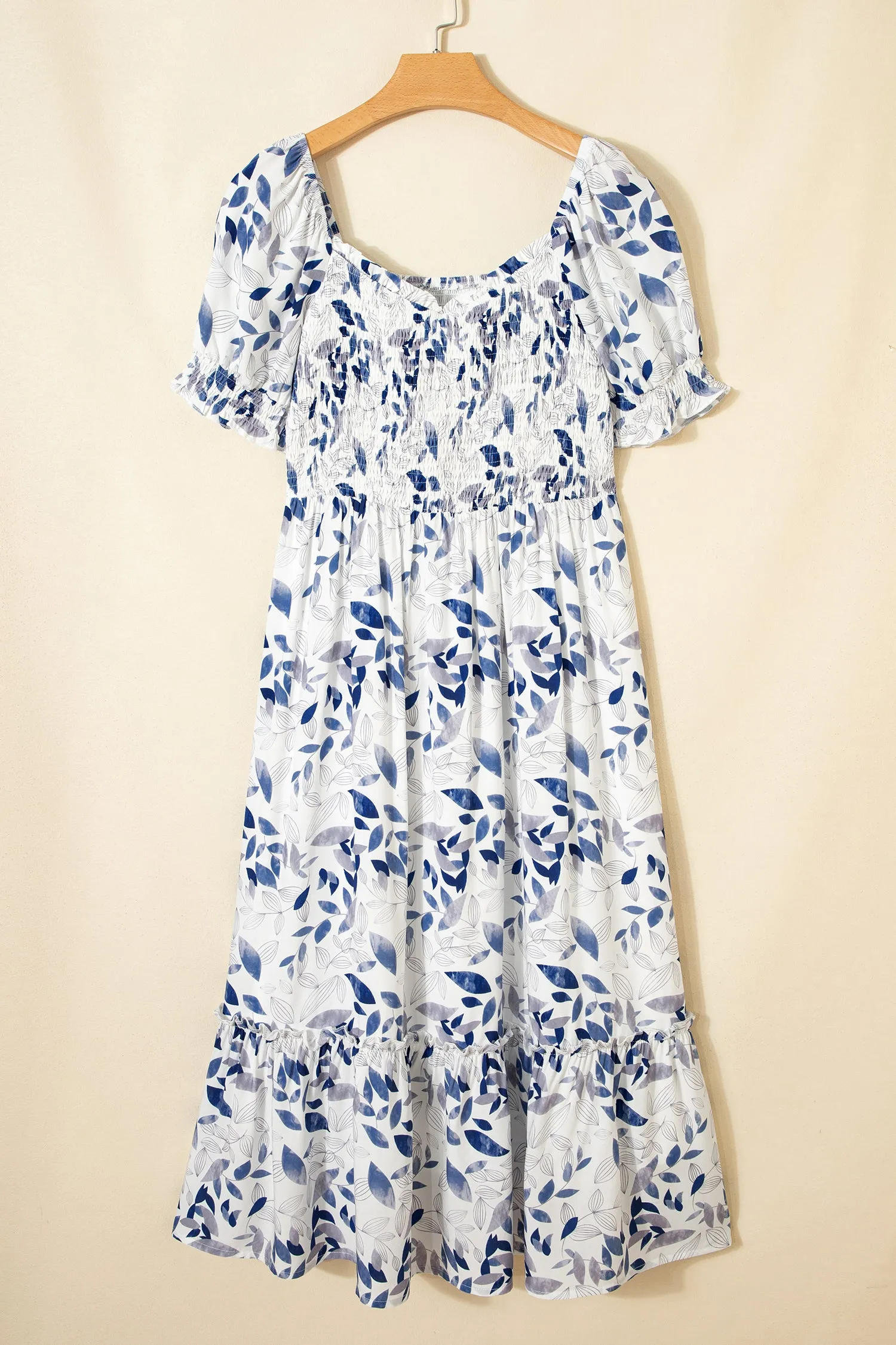 Smocked Bodice Short Puff Sleeve Tiered Floral Midi Dress sold by eAura