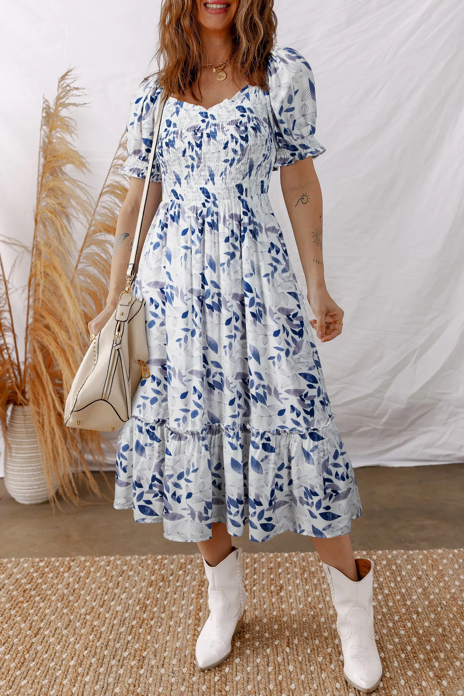 Smocked Bodice Short Puff Sleeve Tiered Floral Midi Dress sold by eAura product image thumbnail 2