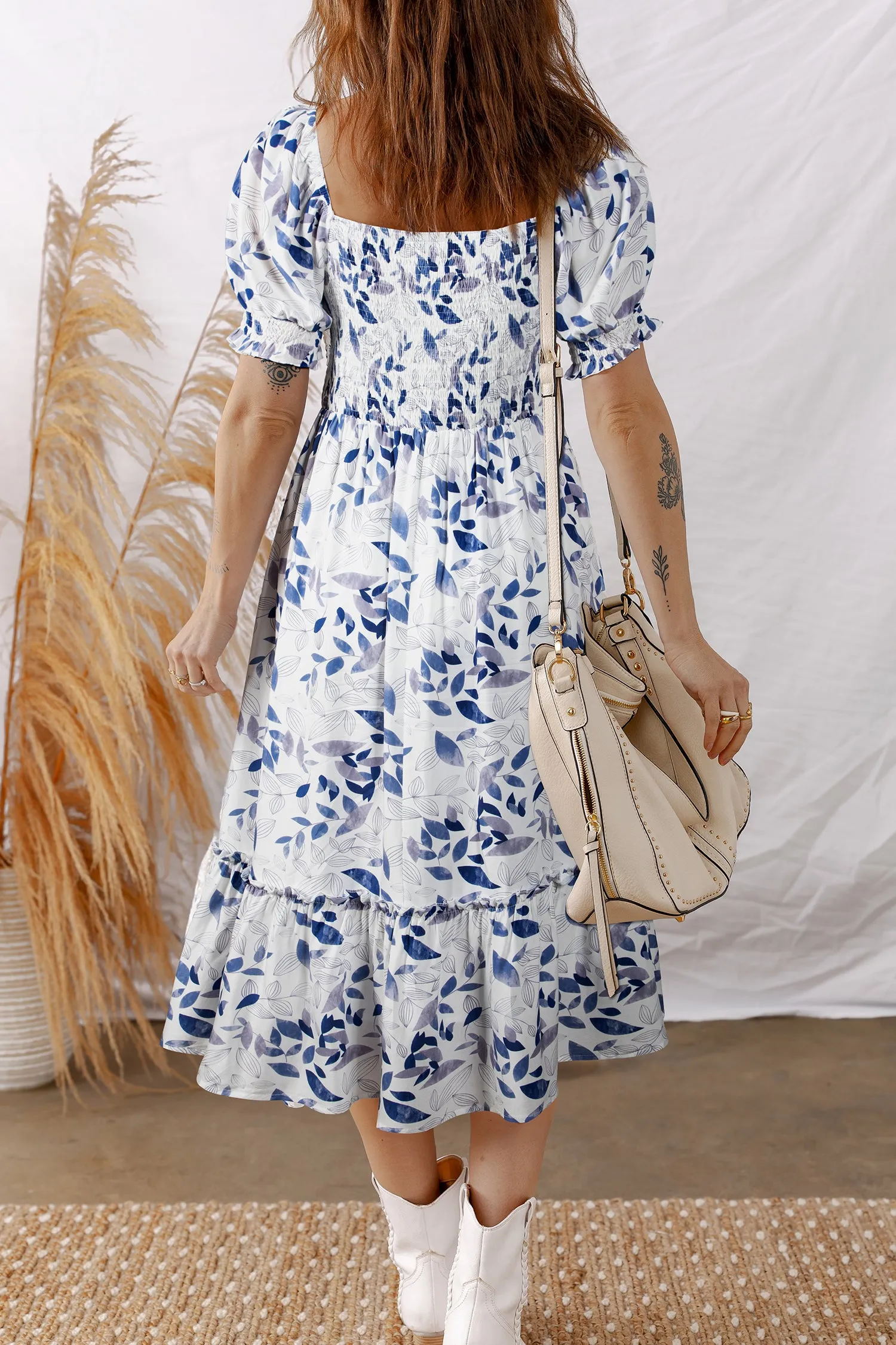 Smocked Bodice Short Puff Sleeve Tiered Floral Midi Dress sold by eAura product image thumbnail 5