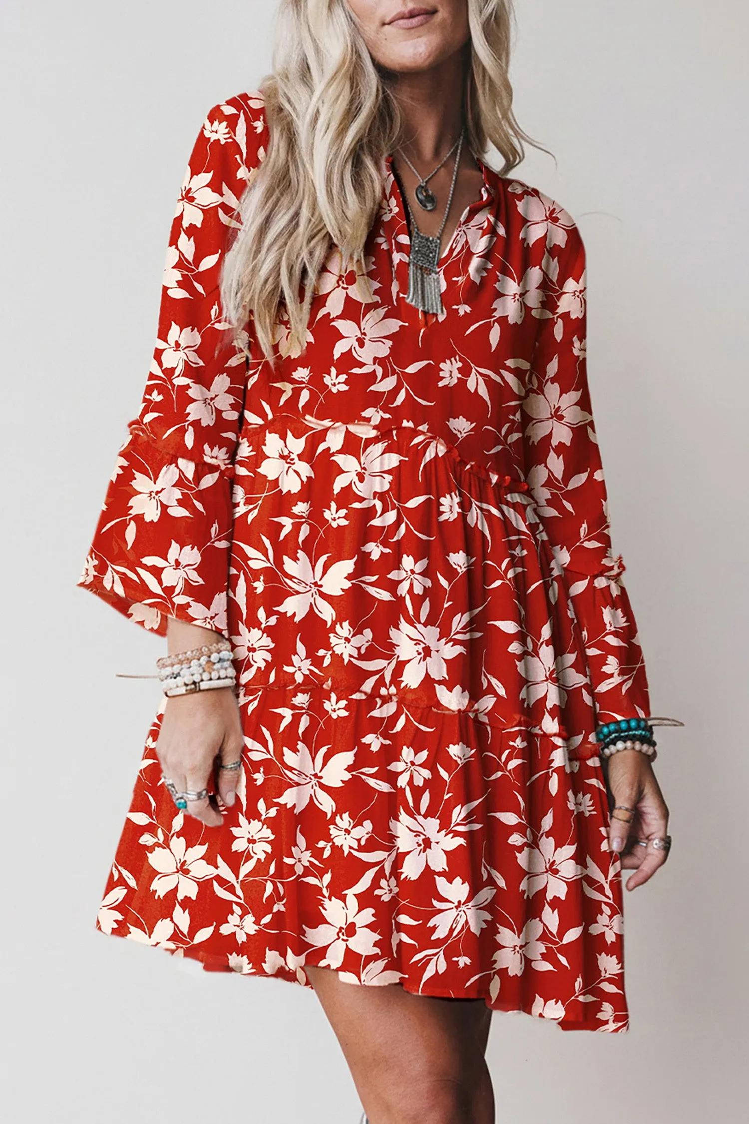 Boho Floral Print Lettuce Trim 3/4 Sleeve Mini Dress sold by eAura product image thumbnail 2