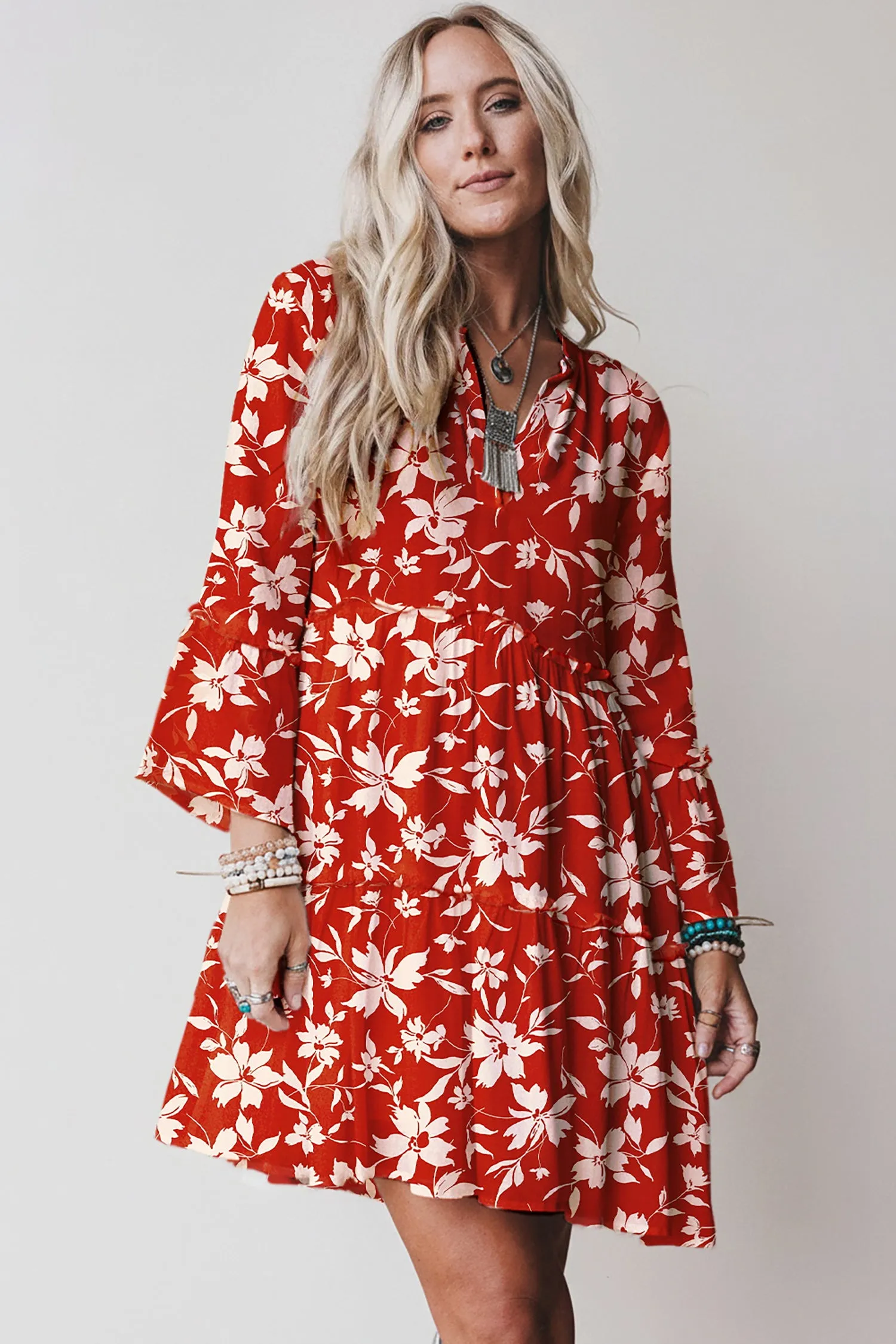 Boho Floral Print Lettuce Trim 3/4 Sleeve Mini Dress sold by eAura product image thumbnail 3