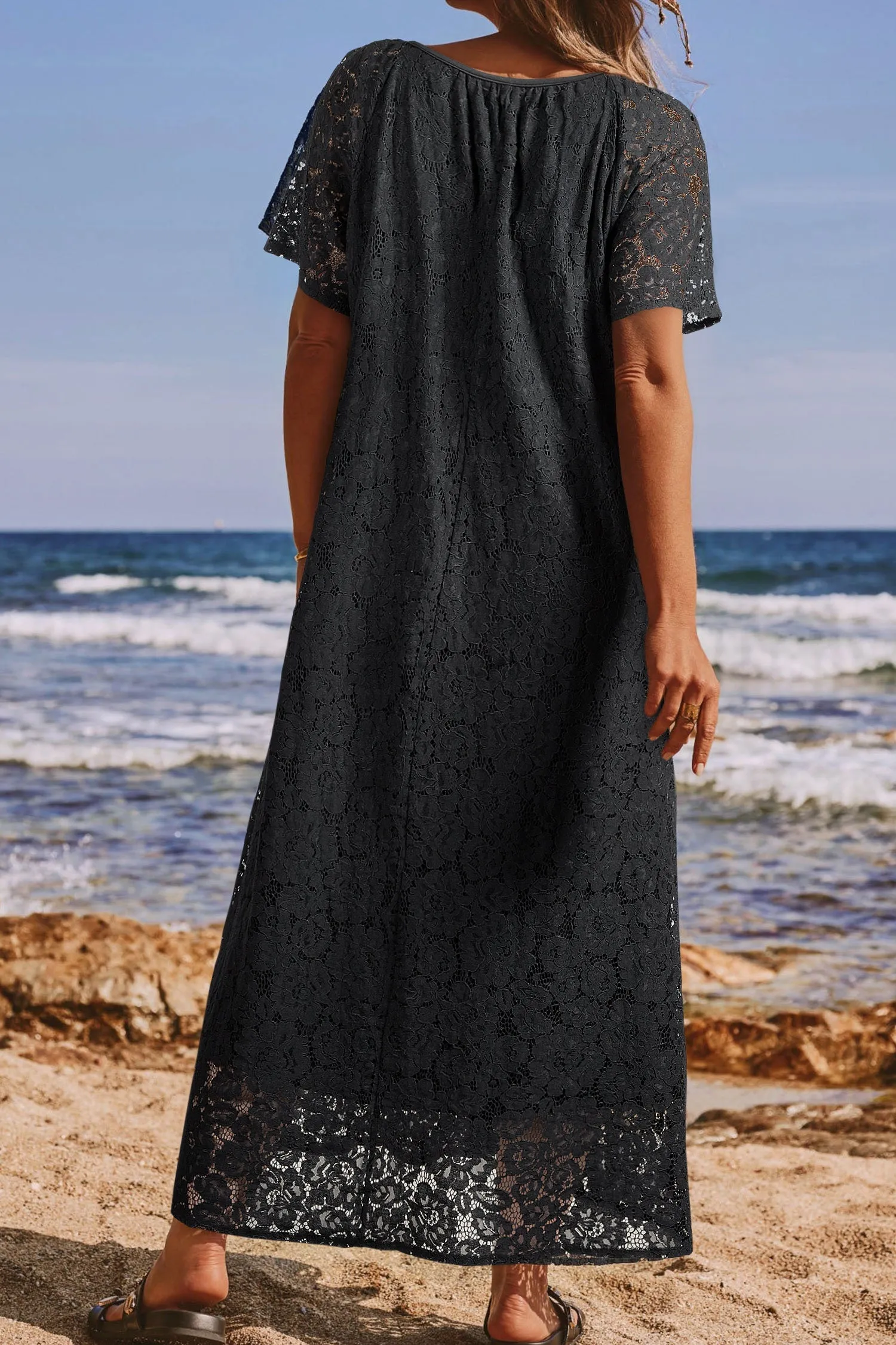 Black Floral Lace Overlay Tassel Tie Short Sleeve Beach Vacation Loose Maxi Dress sold by eAura product image thumbnail 2