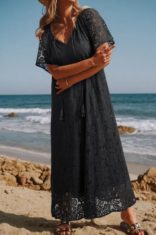 Black Floral Lace Overlay Tassel Tie Short Sleeve Beach Vacation Loose Maxi Dress sold by eAura