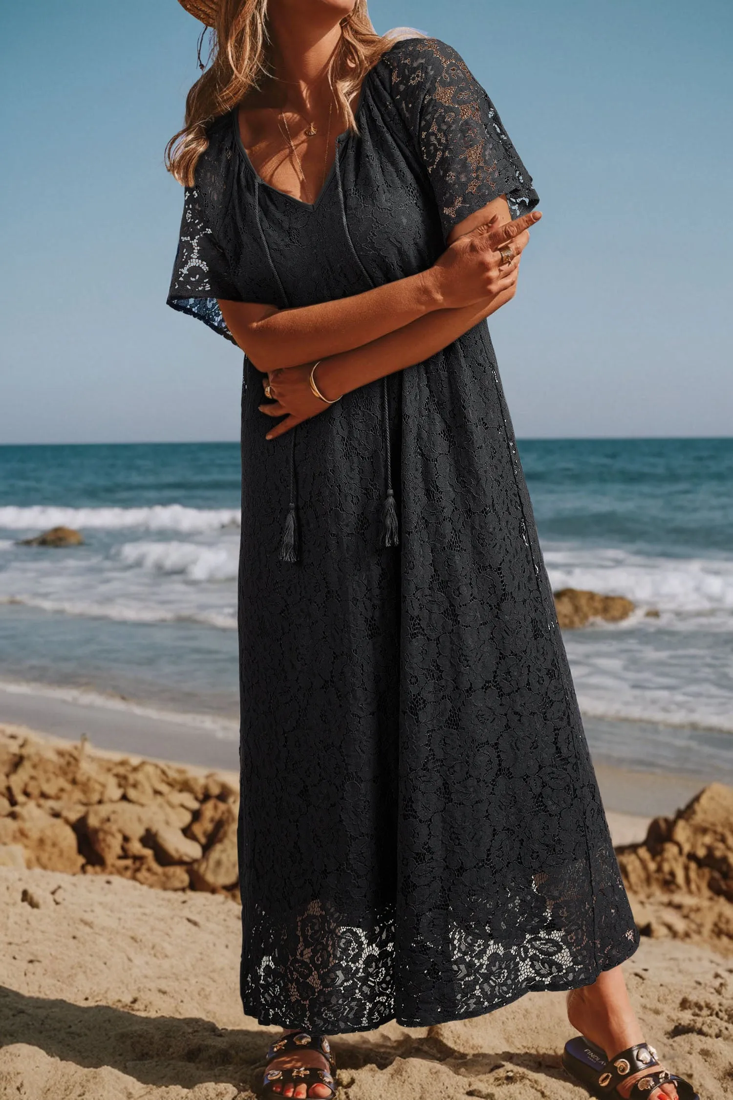 Black Floral Lace Overlay Tassel Tie Short Sleeve Beach Vacation Loose Maxi Dress sold by eAura