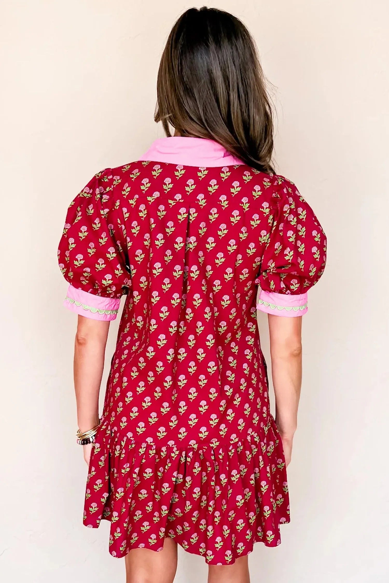 Red Floral Print Contrasted V-Neck Short Bubble Sleeve Mini Dress sold by eAura product image thumbnail 4