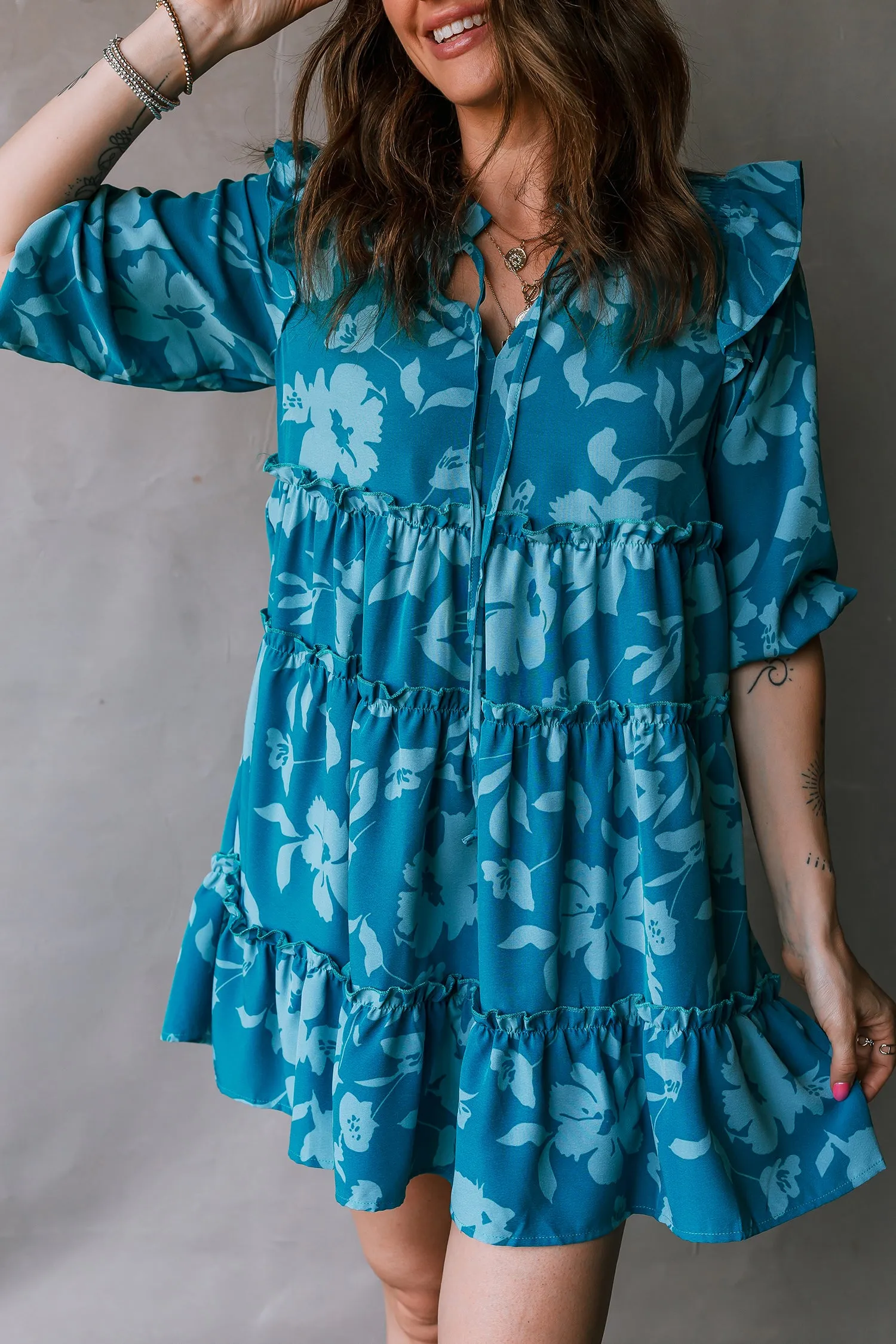 Blue Flower Half Sleeve Tiered Ruffled Mini Dress sold by eAura product image thumbnail 4