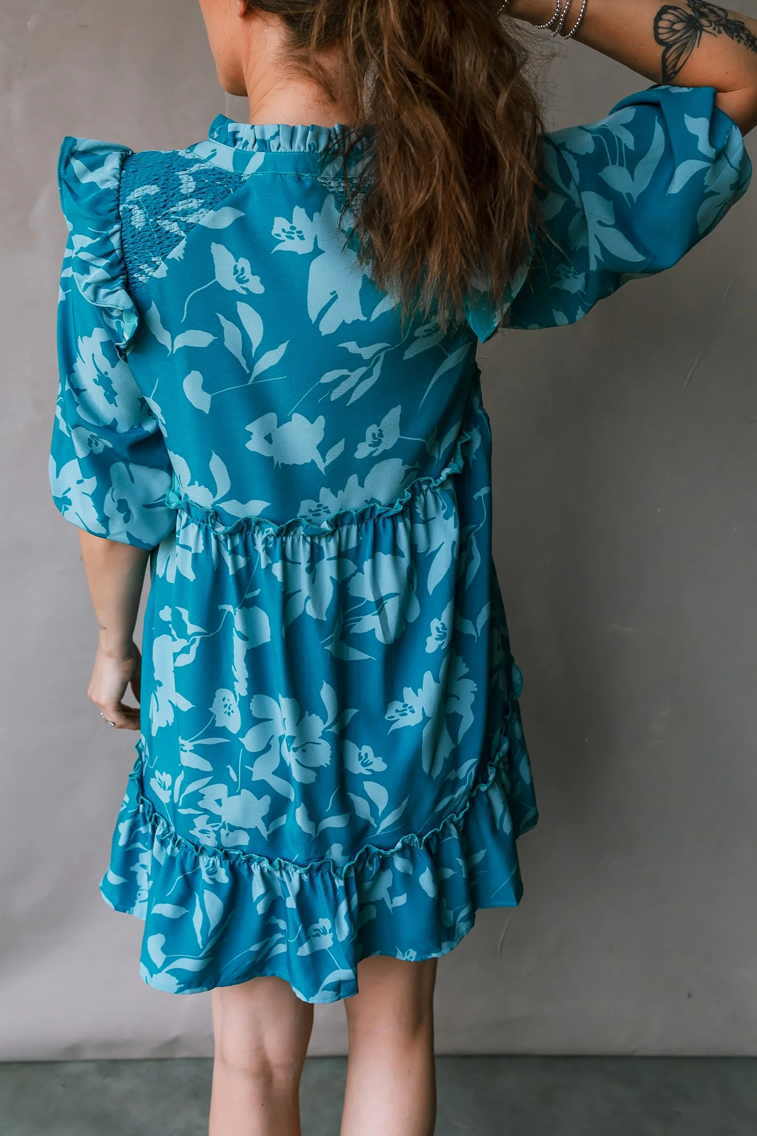 Blue Flower Half Sleeve Tiered Ruffled Mini Dress sold by eAura product image thumbnail 2