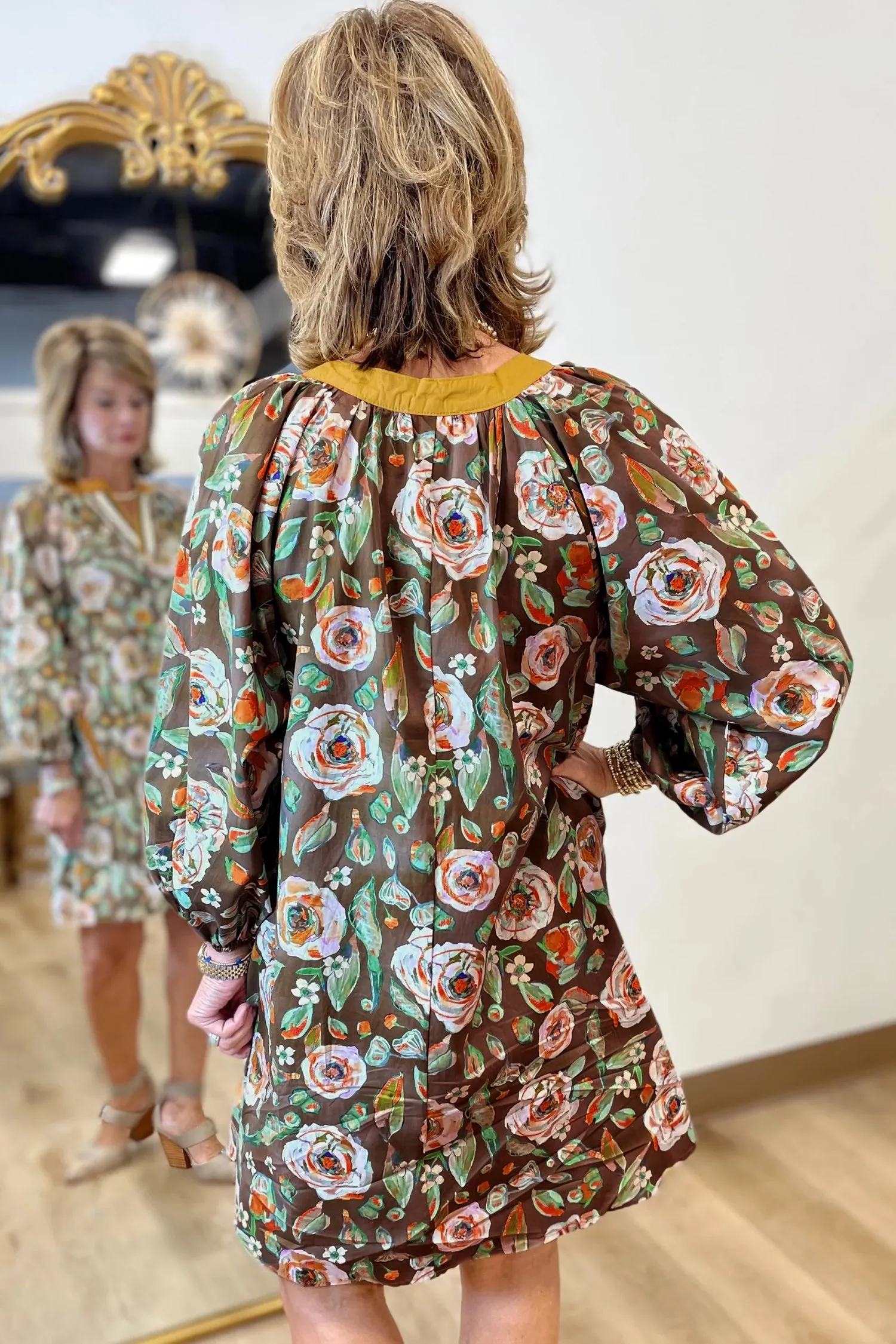 Brown Floral Print Contrast Trim V-Neck Pocketed Long Sleeve Mini Dress sold by eAura product image thumbnail 2