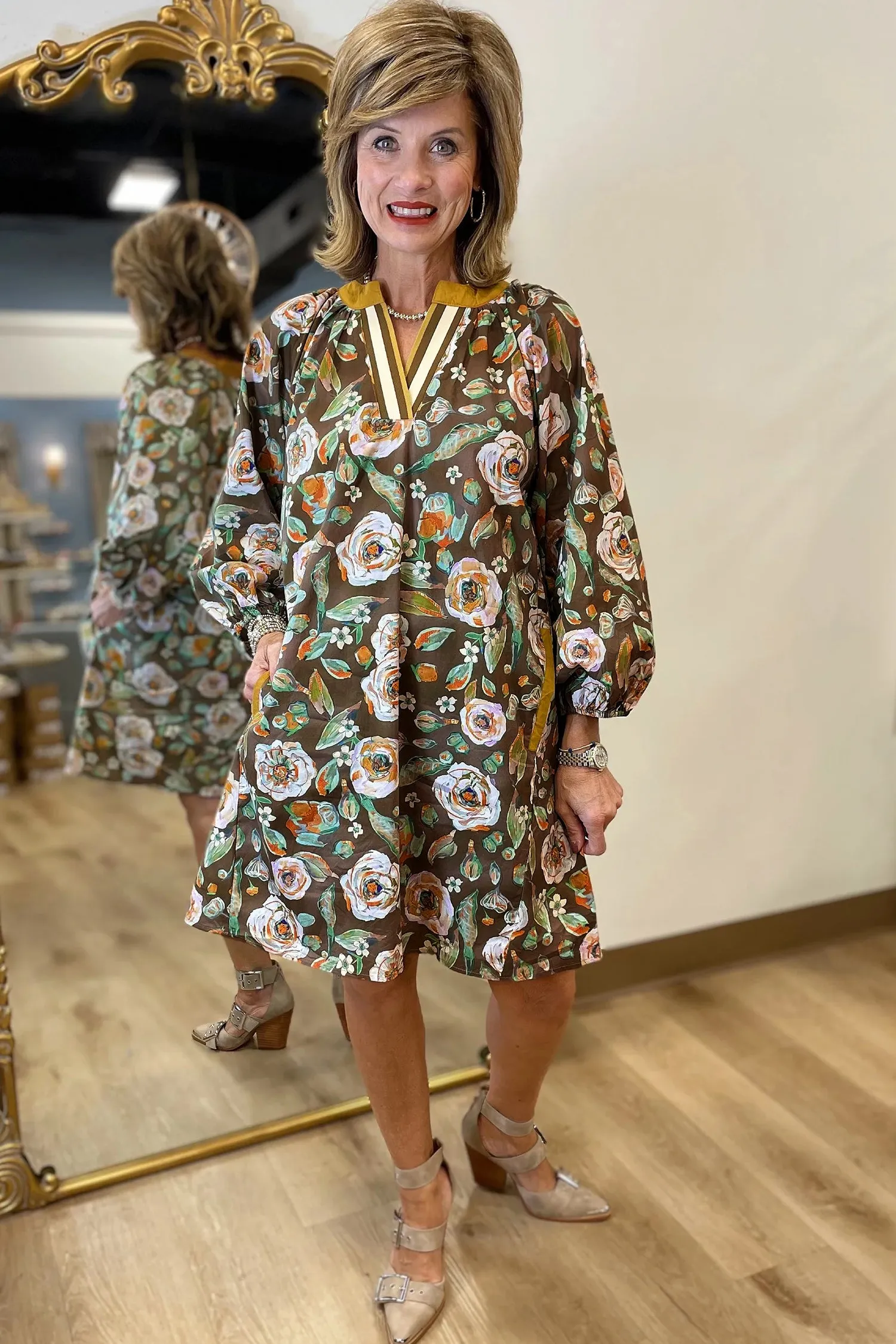 Brown Floral Print Contrast Trim V-Neck Pocketed Long Sleeve Mini Dress sold by eAura product image thumbnail 4