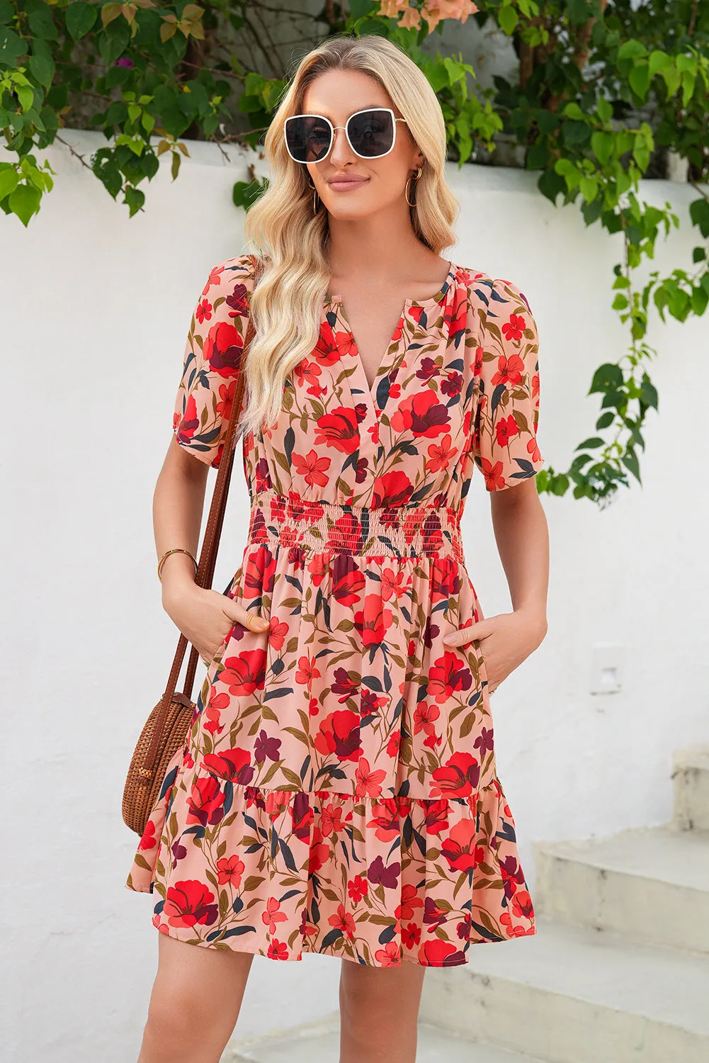 Red Floral Print Wrap V-Neck Short Sleeve High Waistband Mini Dress sold by eAura product image thumbnail 5