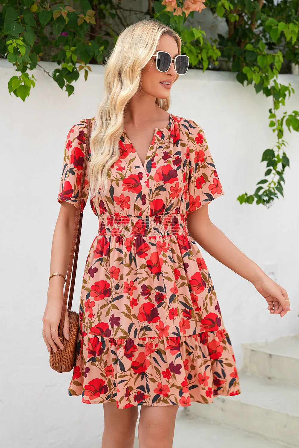 Red Floral Print Wrap V-Neck Short Sleeve High Waistband Mini Dress sold by eAura product image thumbnail 4