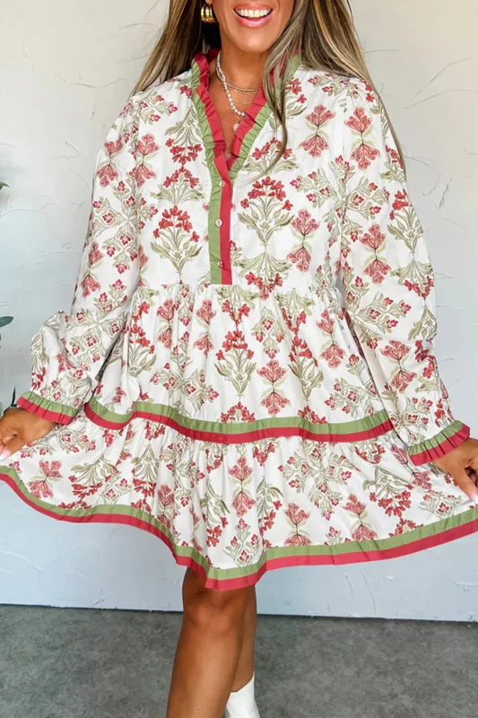 Pink Floral Print Contrast Trim Frilled Neck Long Sleeve Flared Dress sold by eAura