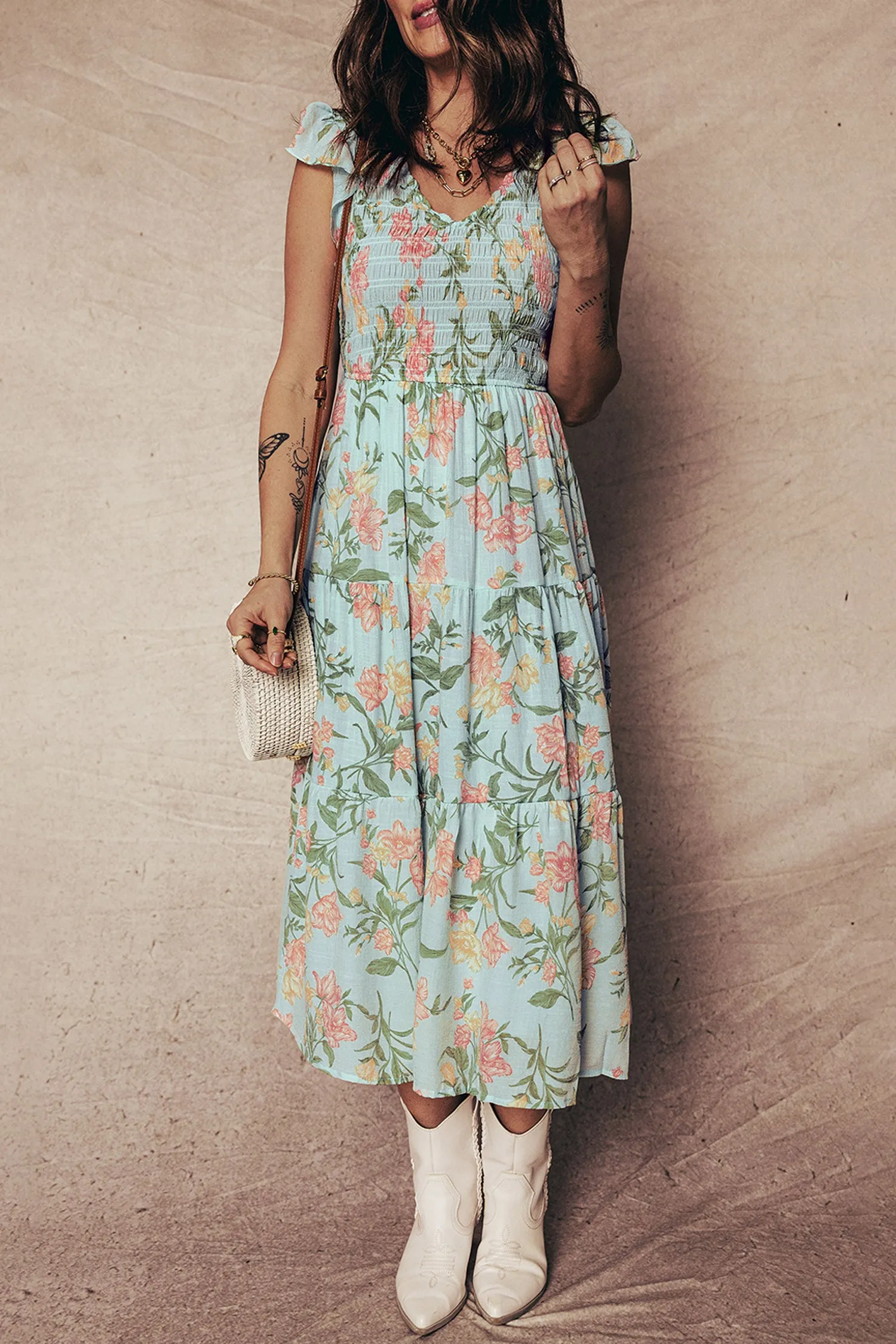 Smocked Shirred Bodice Ruffled Sleeveless Tiered Floral Maxi Dress sold by eAura product image thumbnail 4